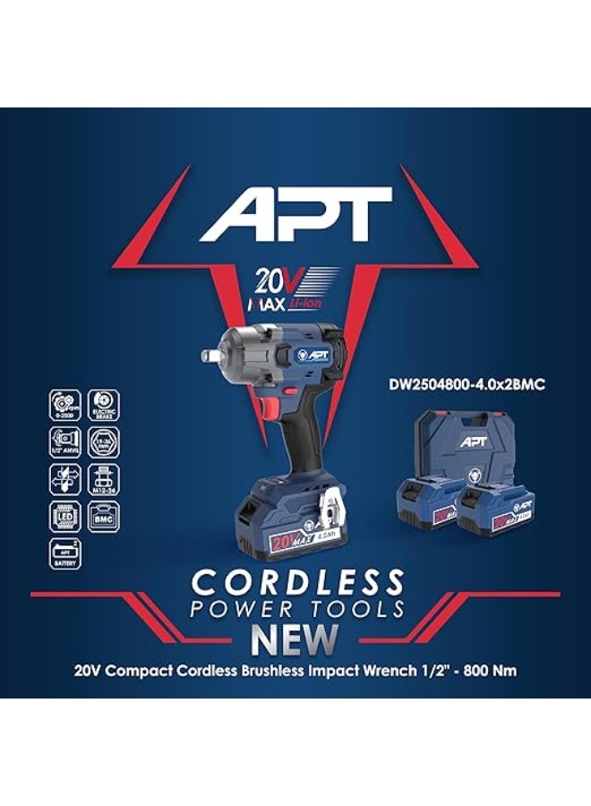 ايه بي تي شنيور فك و ربط  براشليس  بطارية 1/2 بوصه 20 فولت 4 امبير 800 نيوتن 3 سرعة  2 بطاريه APT DW2504800-4.0x2BMC - Image 3